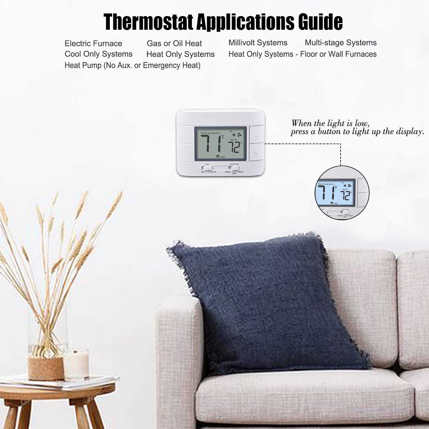 Non-Programmable Heat Pump Thermostat - 2 Heat/1 Cool Compatible With Large LCD Display