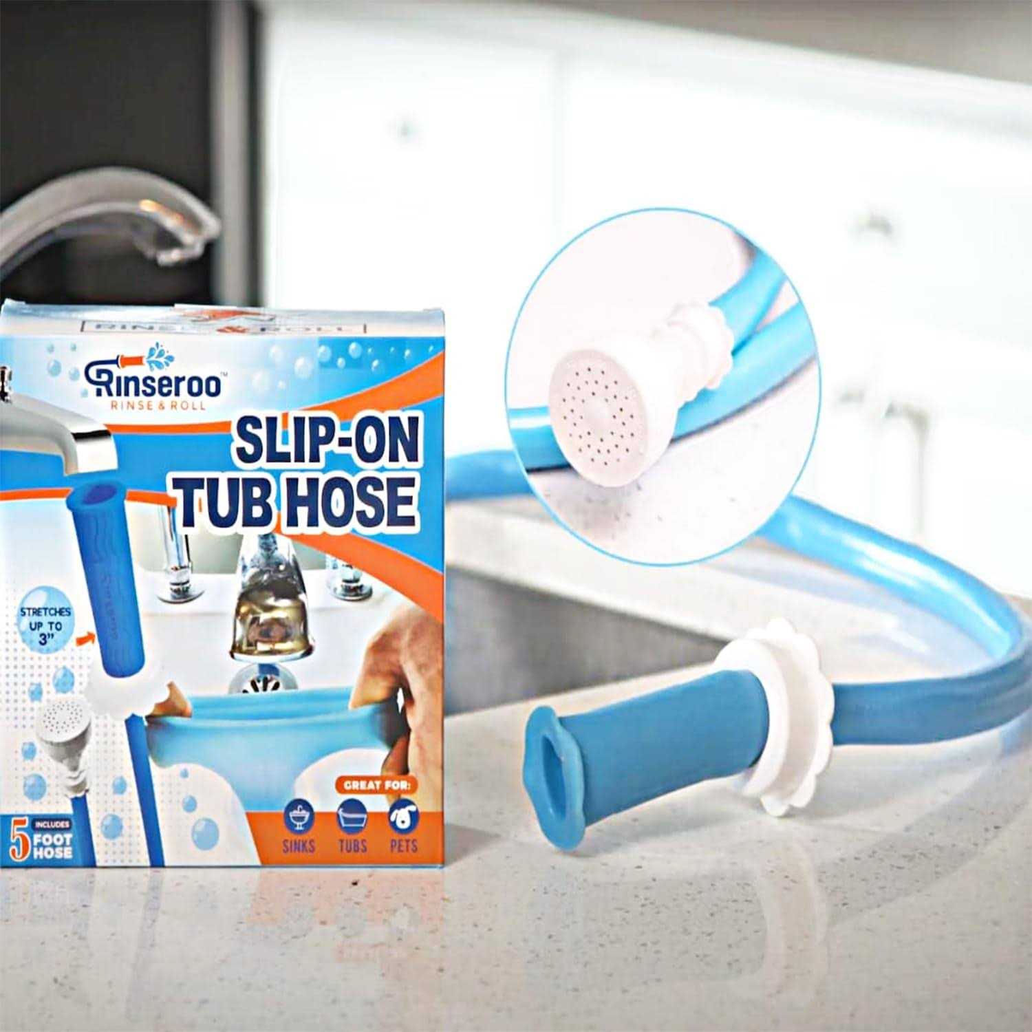 Rinseroo Tub Faucet Hose and Sprayer Slips On to Tub Spout for Hair Washing, Baby or Dog Bath. Bathtub Faucet Showerhead Attachment. Sh