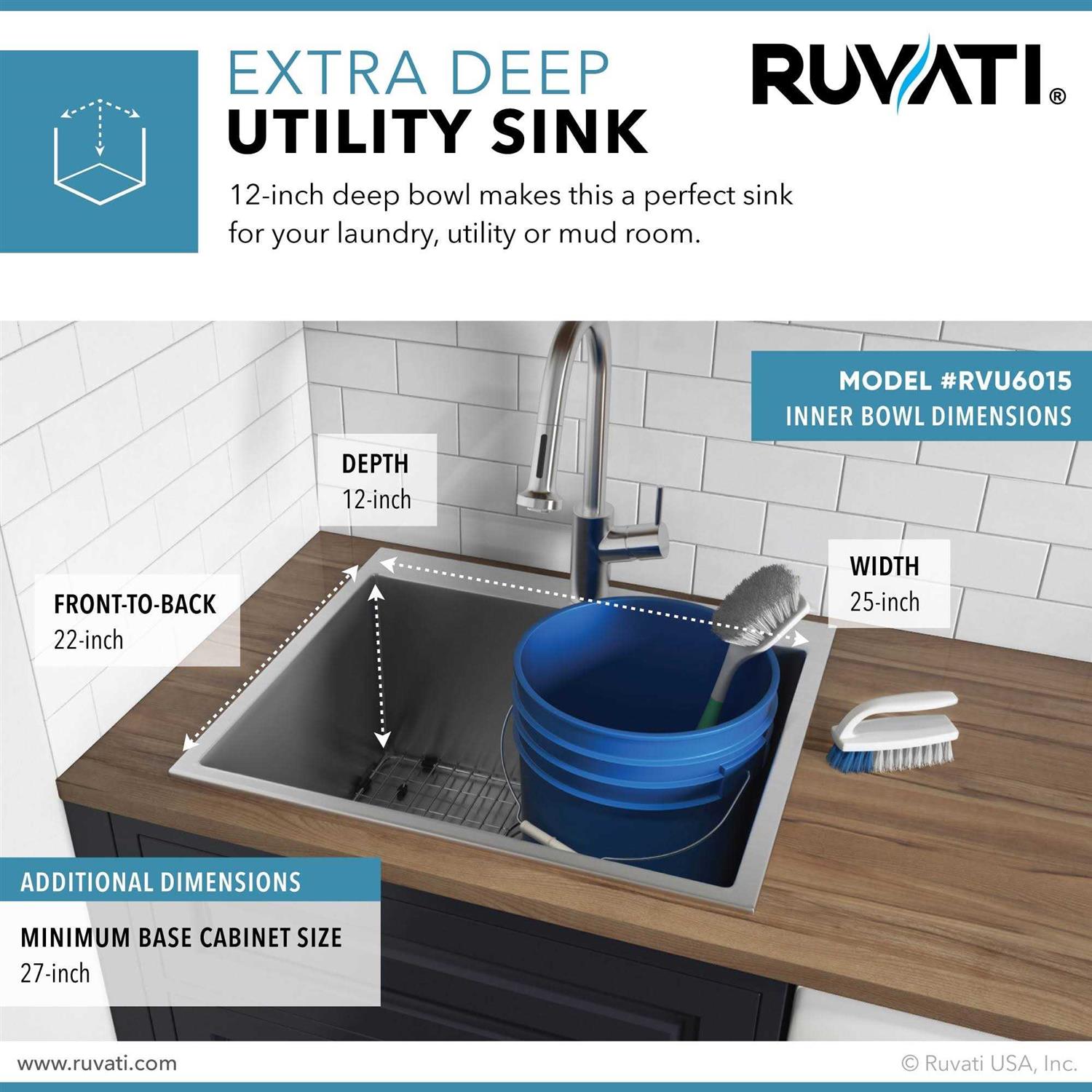 Alternative view of Ruvati Topmount Laundry Utility Sink 25 x 22 x 12 inch Tight Radius Deep 16 Gauge Stainless Steel RVU6015