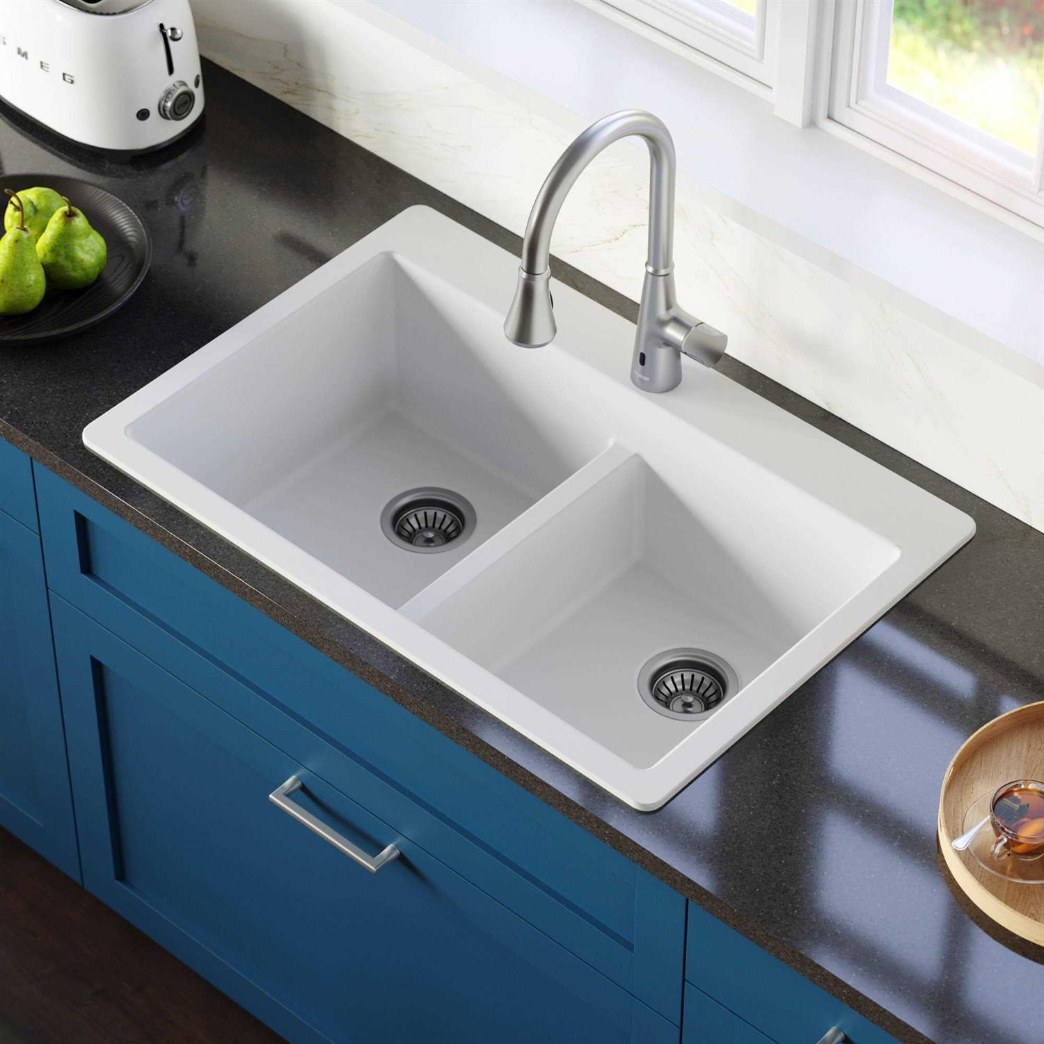 Karran QT-810 33 Top Mount Double Equal Bowl Quartz Kitchen Sink QT-810-WH