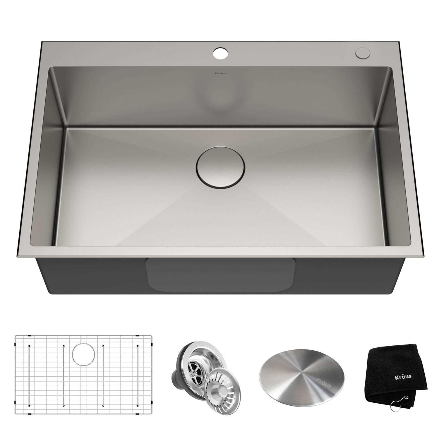 Kraus Standart PRO 33-inch 16 Gauge Drop-In Single Bowl 2-Hole Stainless Steel Kitchen Sink