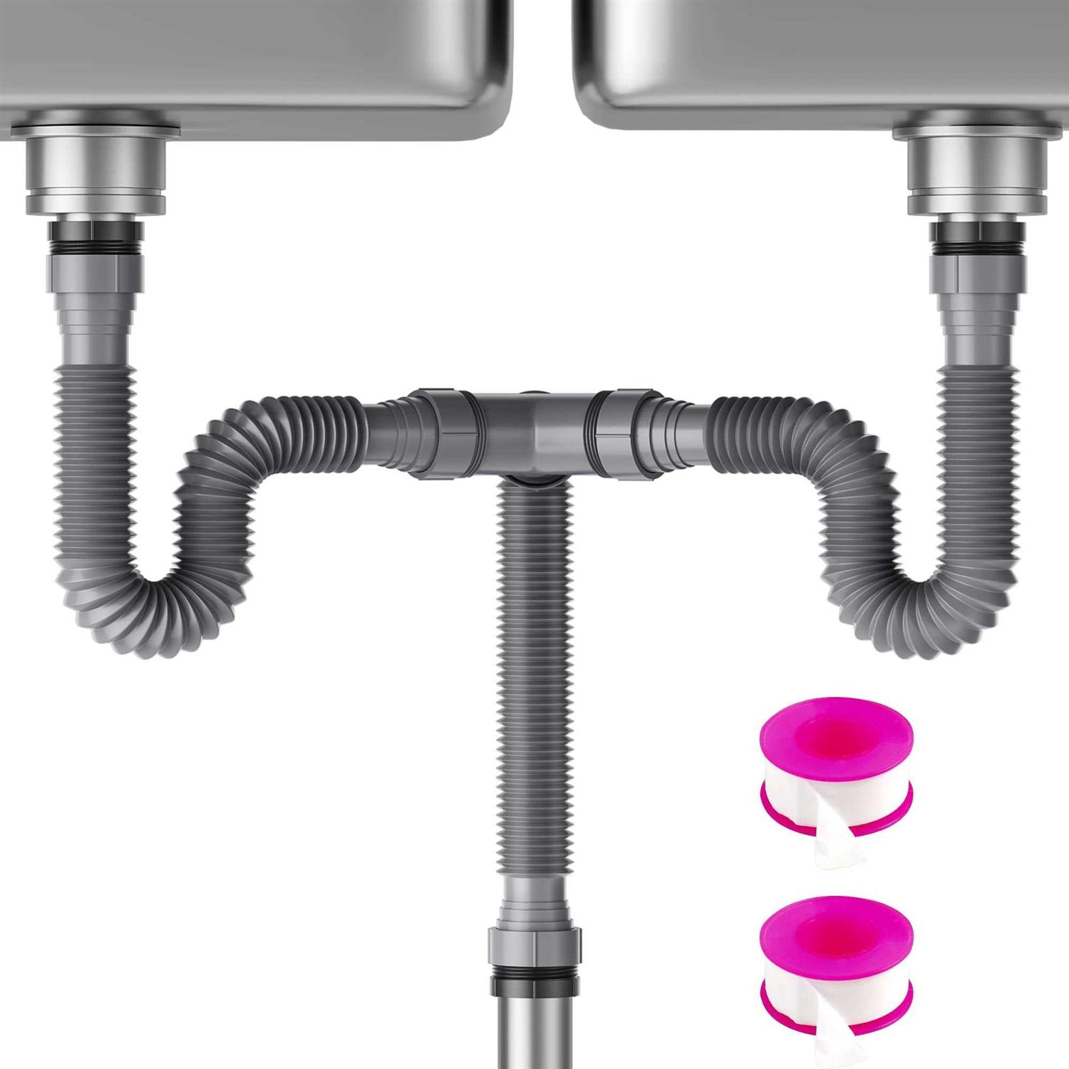 SAINT NIEVE Flexible Expandable P-Trap Kit for Double Kitchen Sink Drain Fits 1 1/2 or 1 1/4 Pipes-Complete with Sealing Ring, Tape, and Tubing