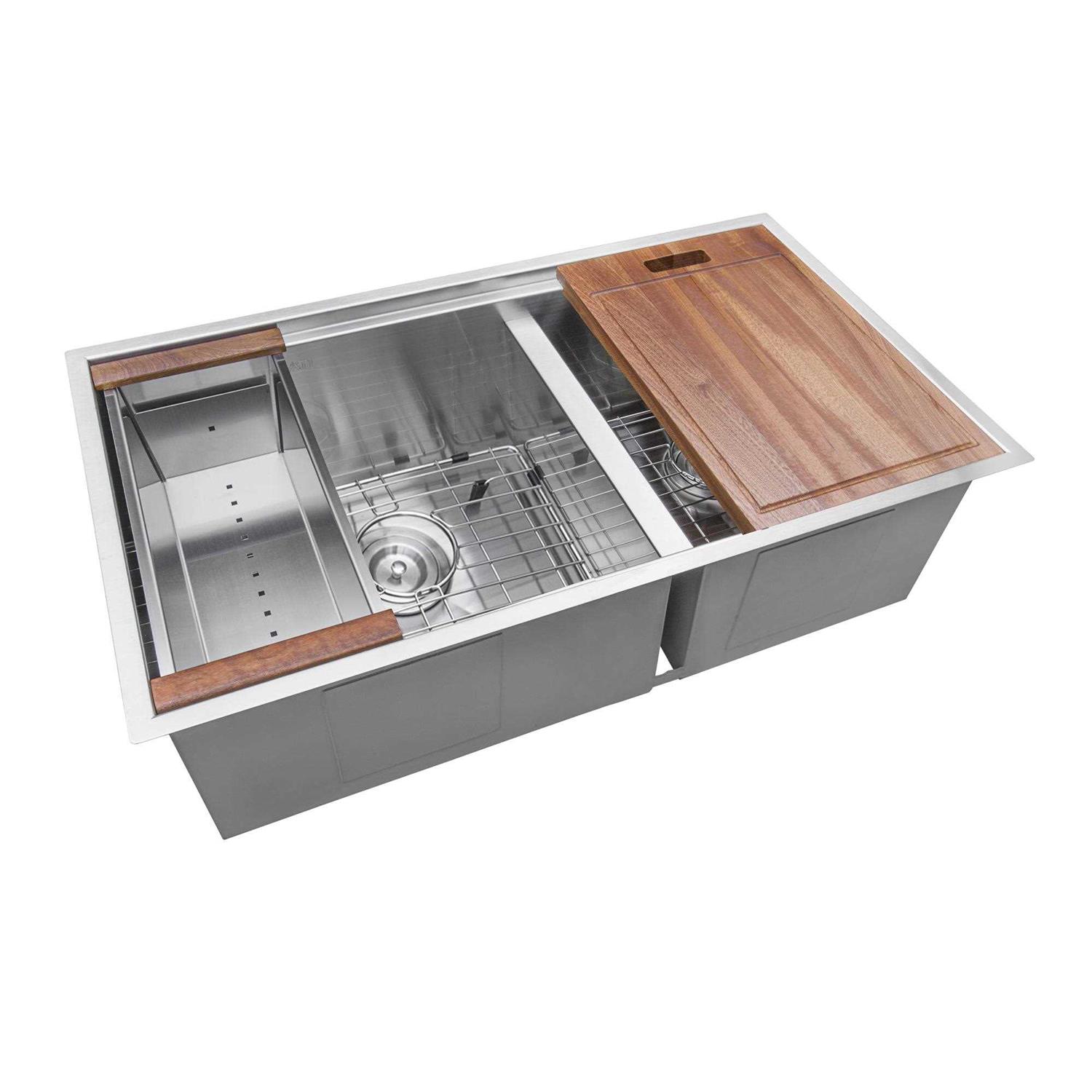 Ruvati 33-inch Workstation Ledge 60/40 Double Bowl Undermount 16 Gauge Stainless Steel Kitchen Sink RVH8356