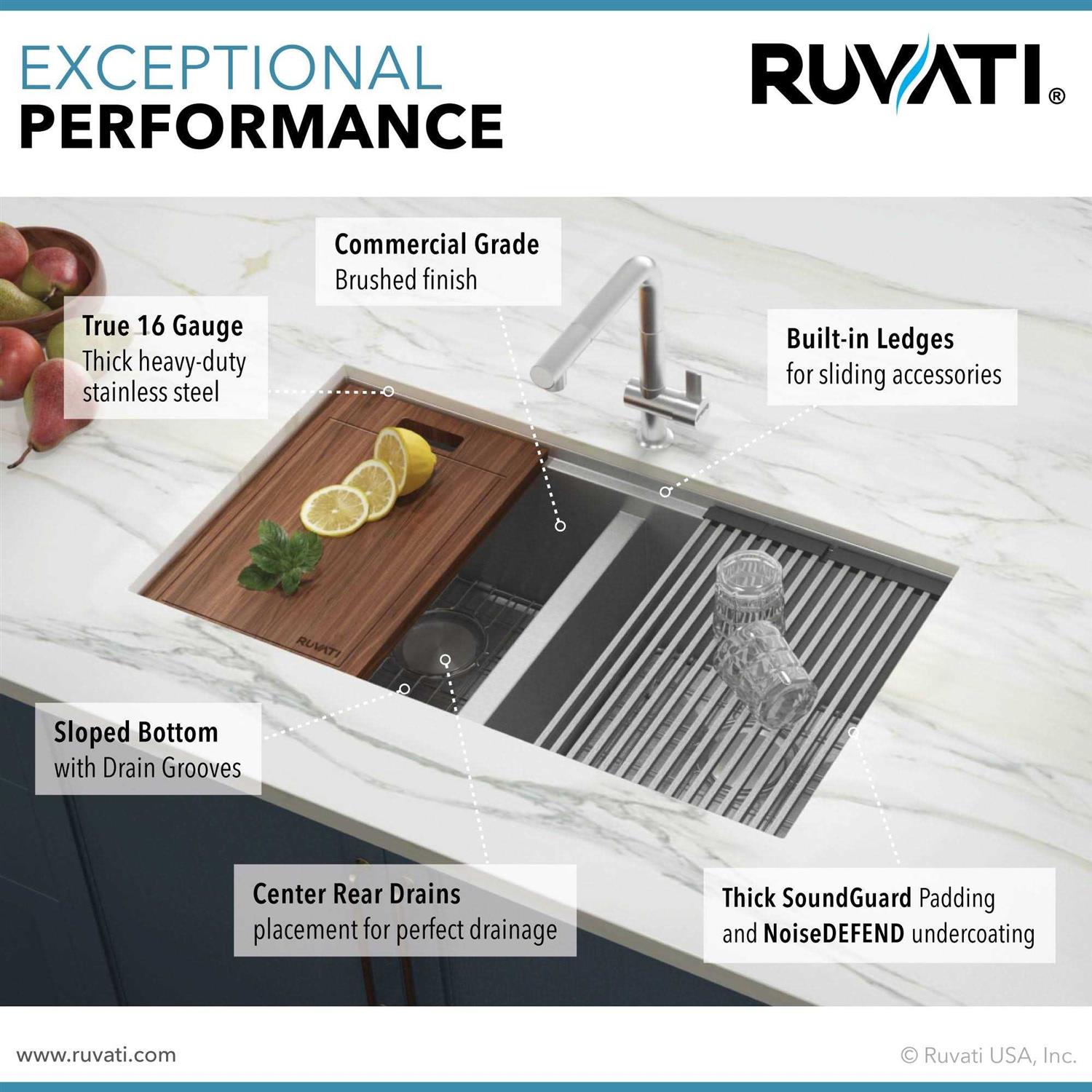 Alternative view of Ruvati 33-inch Workstation Ledge 60/40 Double Bowl Undermount 16 Gauge Stainless Steel Kitchen Sink RVH8356