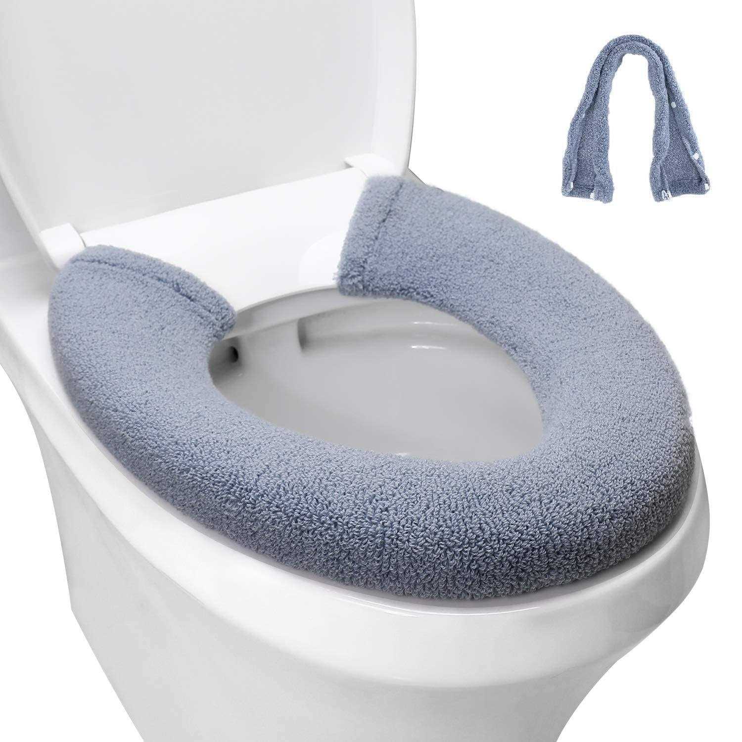 SENOMOR Toilet Seat Cover,Bathroom Soft Thicker Warmer with Snaps Fixed Stretchable Washable Fiber Cloth Toilet Seat Covers Pads Easy Installation