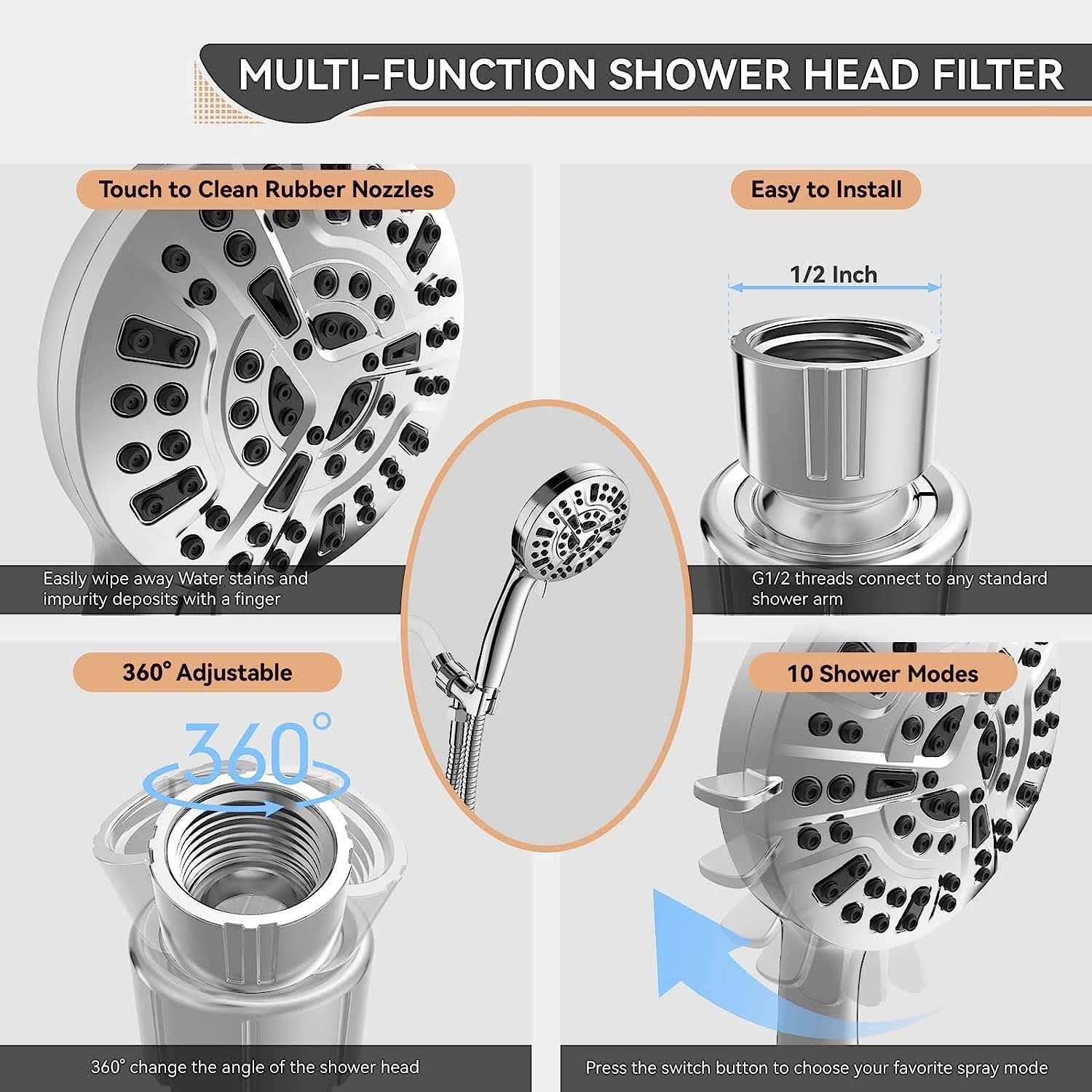 Alternative view of JNILE Filtered Shower Head, 15 Stage Handheld Shower Head Filter for Hard Water, 10 Modes High Pressure Shower Head with 60 Hose and Bracket