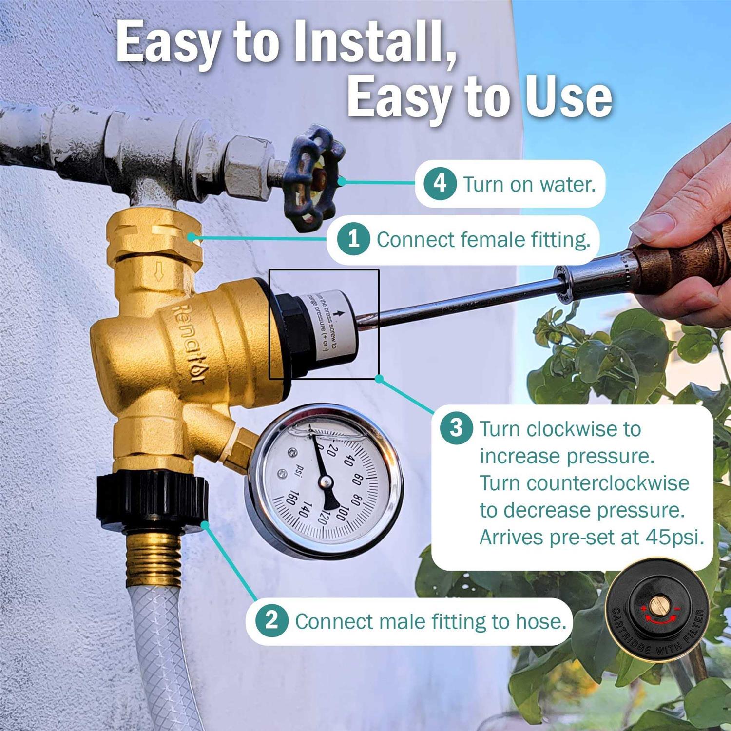 Alternative view of Renator Rv Water Pressure Regulator for Rv Camper. Brass Lead-free Adjustable Rv Water Pressure Regulator with Gauge. Rv Water Regulator for Camper