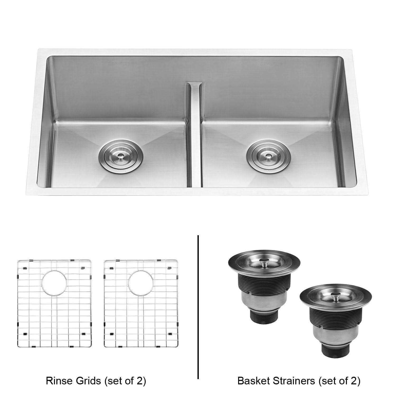 Ruvati 30-inch Low-Divide Undermount Tight Radius 50/50 Double Bowl 16 Gauge Stainless Steel Kitchen Sink RVH7355