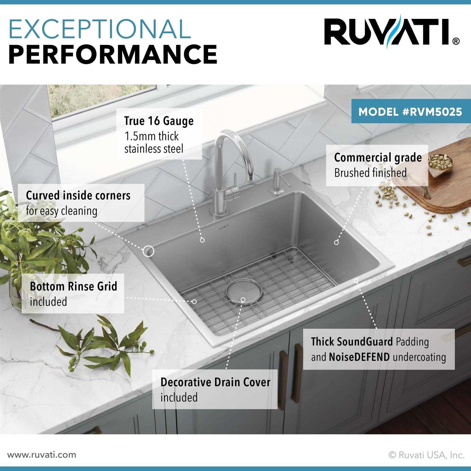 Alternative view of Ruvati 25 x 22 inch Drop-in Topmount Kitchen Sink 16 Gauge Stainless Steel Single Bowl RVM5025