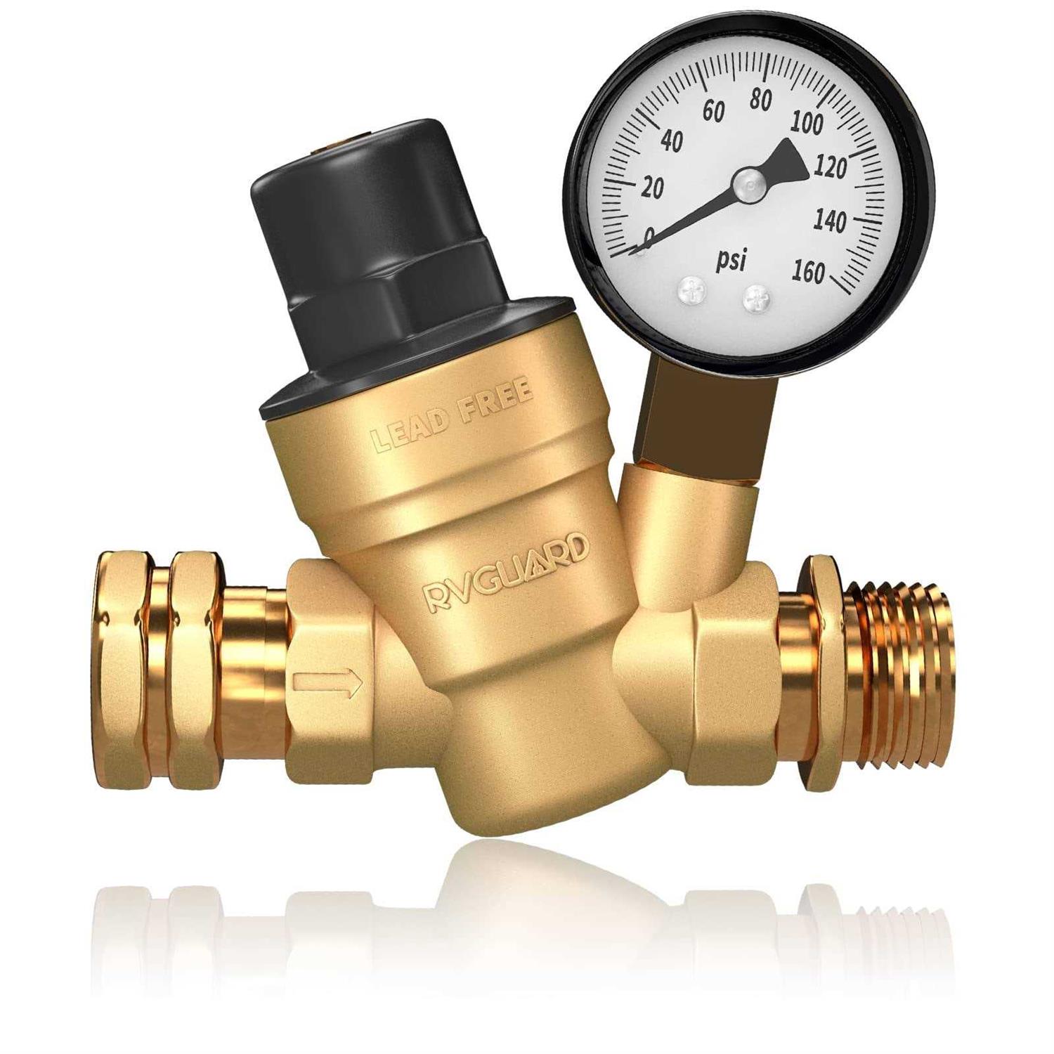 Rvguard Rv Water Pressure Regulator Valve, Brass Lead-free Adjustable Water Pressure Reducer With Gauge And Inlet Screen Filter For Rv Camper Travel